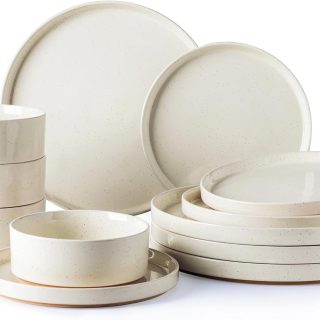 AmorArc Ceramic Dinnerware Set for 4 | Speckled Stoneware Plates and Bowls with unglazed terracotta | Scratch Resistant, Dishwasher & Microwave Safe Dishes Sets- 12-Pcs Beige