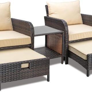 LEVELEVE Balcony Furniture 5 Piece Patio Conversation Set, PE Wicker Rattan Outdoor Lounge Chairs with Soft Cushions 2 Ottoman&Glass Table for Porch, Lawn-Brown Wicker
