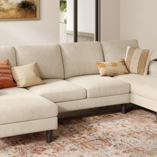 LINSY HOME Sectional Couch, 111'' W Corduroy U Shaped Sofa with Sleepable Armrests, 4 Seat Couch with Double Chaises, Deep Seat Sofa for Living Room, Beige