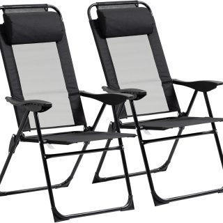 Outsunny Folding Patio Chairs Set of 2, Outdoor Deck Chair with Adjustable Sling Back, Camping Chair with Removable Headrest for Garden, Backyard, Lawn, Black