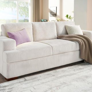 VanAcc 89in Comfy Couch, 3 Seater Sofa with Wood Legs, Deep Seat Sofa- White Corduroy Modern Couch for Living Room